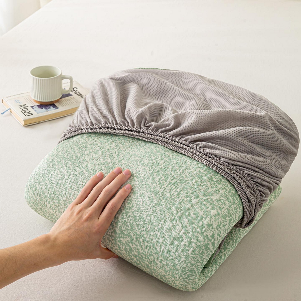 91家纺网 家纺一手货源 找家纺 帅露家纺 2026新款A类PE高分子双泡软凉席席子 床笠款双泡雪花-绿