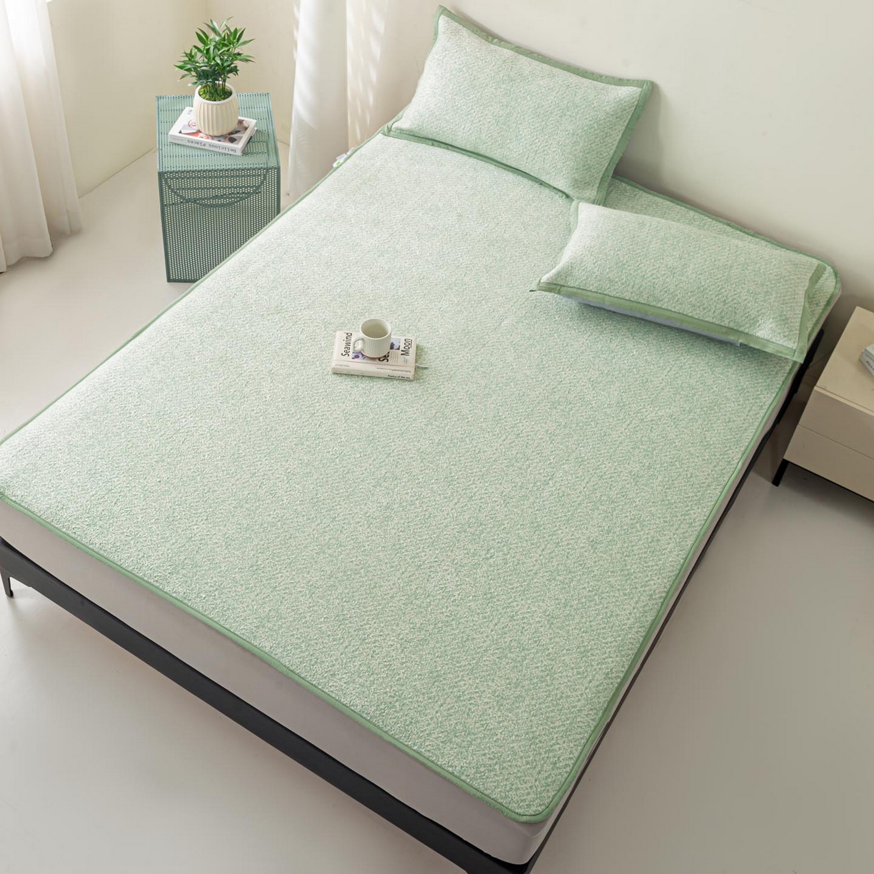 91家纺网 家纺一手货源 找家纺 帅露家纺 2026新款A类PE高分子双泡软凉席席子 床笠款双泡雪花-绿