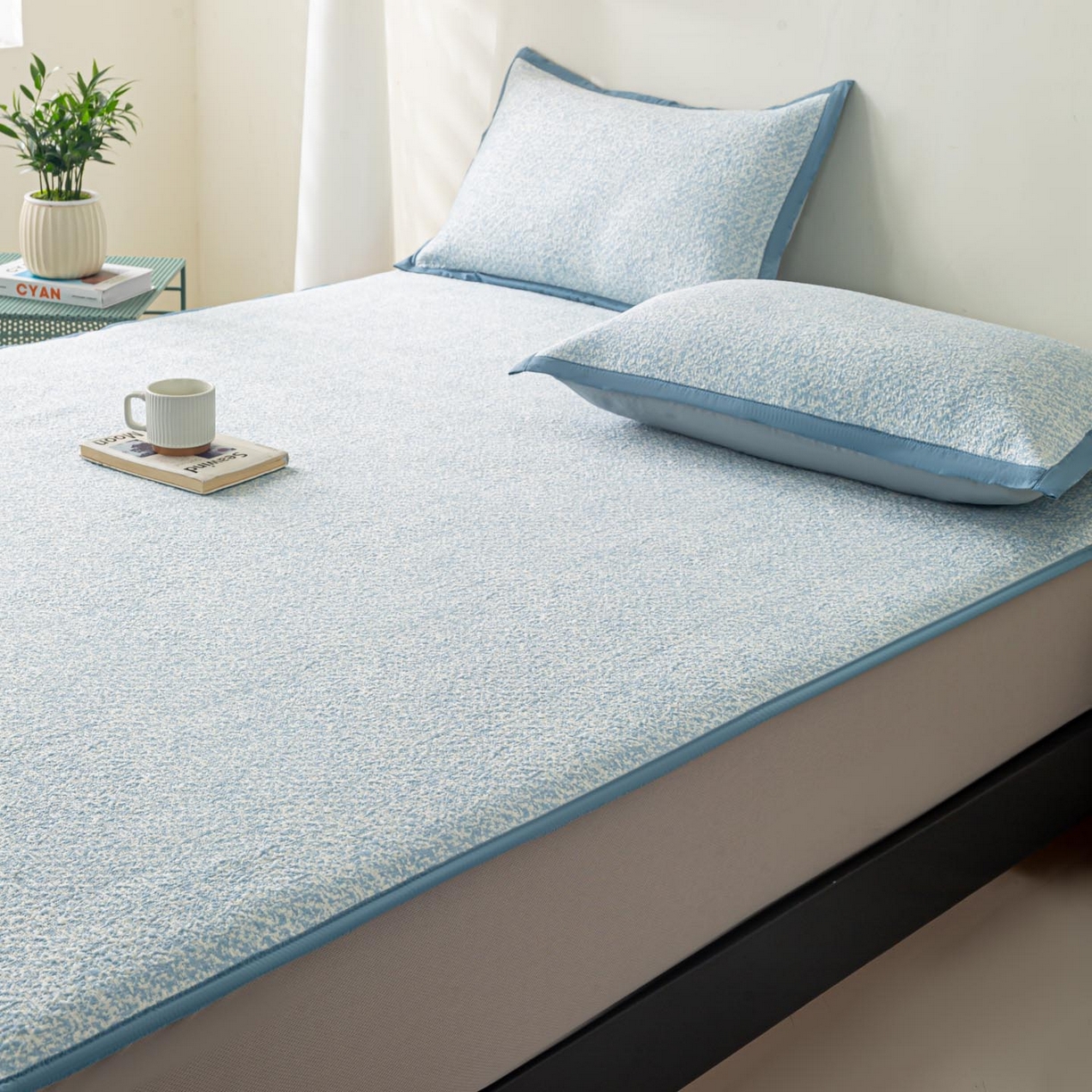 91家纺网 家纺一手货源 找家纺 帅露家纺 2026新款A类PE高分子双泡软凉席席子 床笠款双泡雪花-蓝