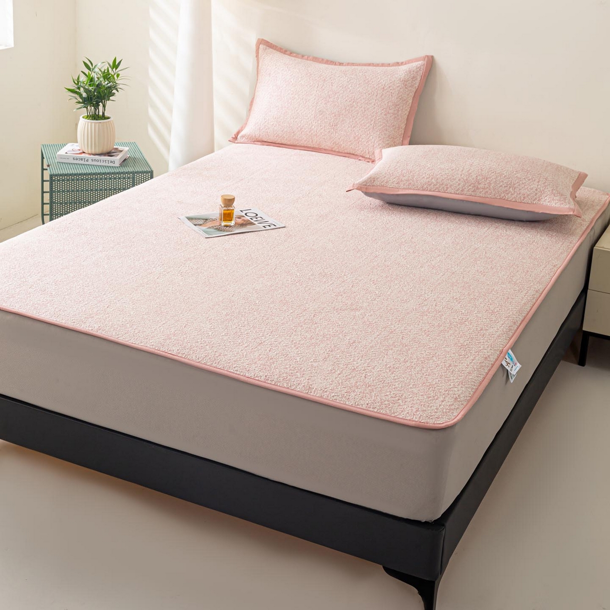 91家纺网 家纺一手货源 找家纺 帅露家纺 2026新款A类PE高分子双泡软凉席席子 床笠款双泡雪花-粉