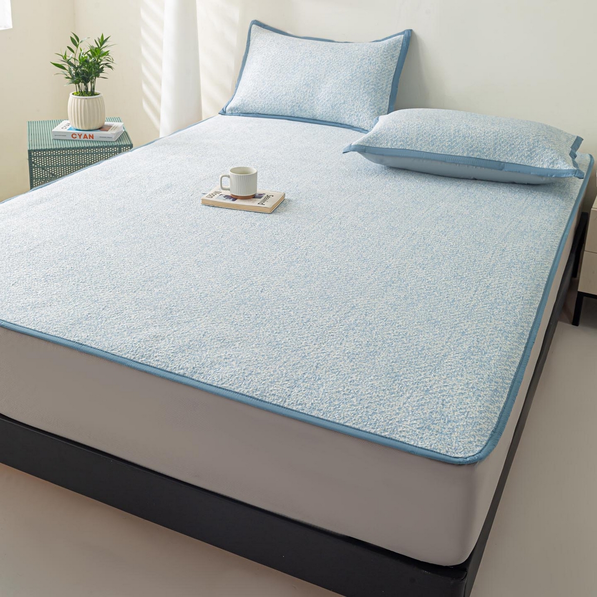 91家纺网 家纺一手货源 找家纺 帅露家纺 2026新款A类PE高分子双泡软凉席席子 床笠款双泡雪花-蓝