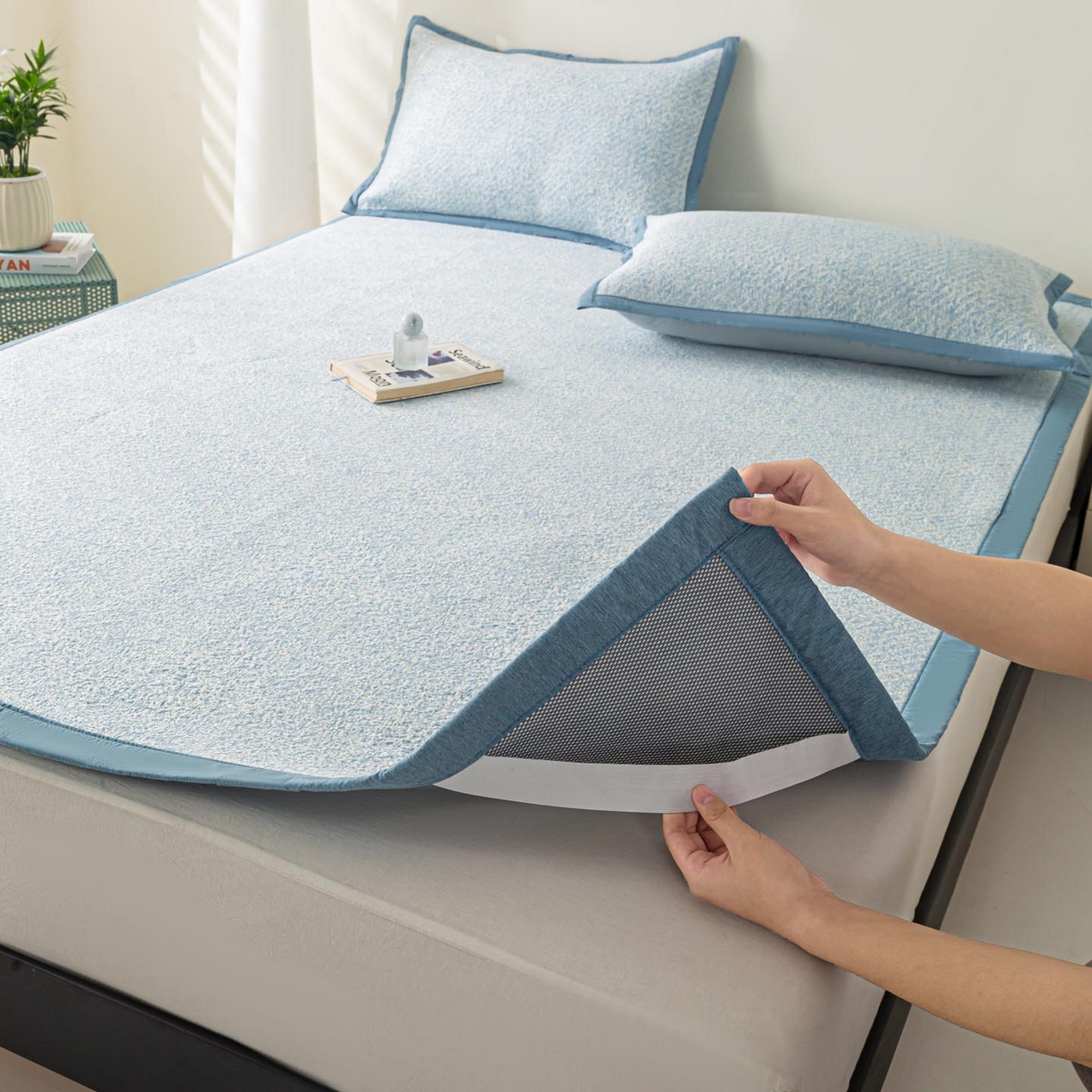 91家纺网 家纺一手货源 找家纺 帅露家纺 2026新款A类PE高分子双泡软凉席席子 床席款双泡雪花-蓝