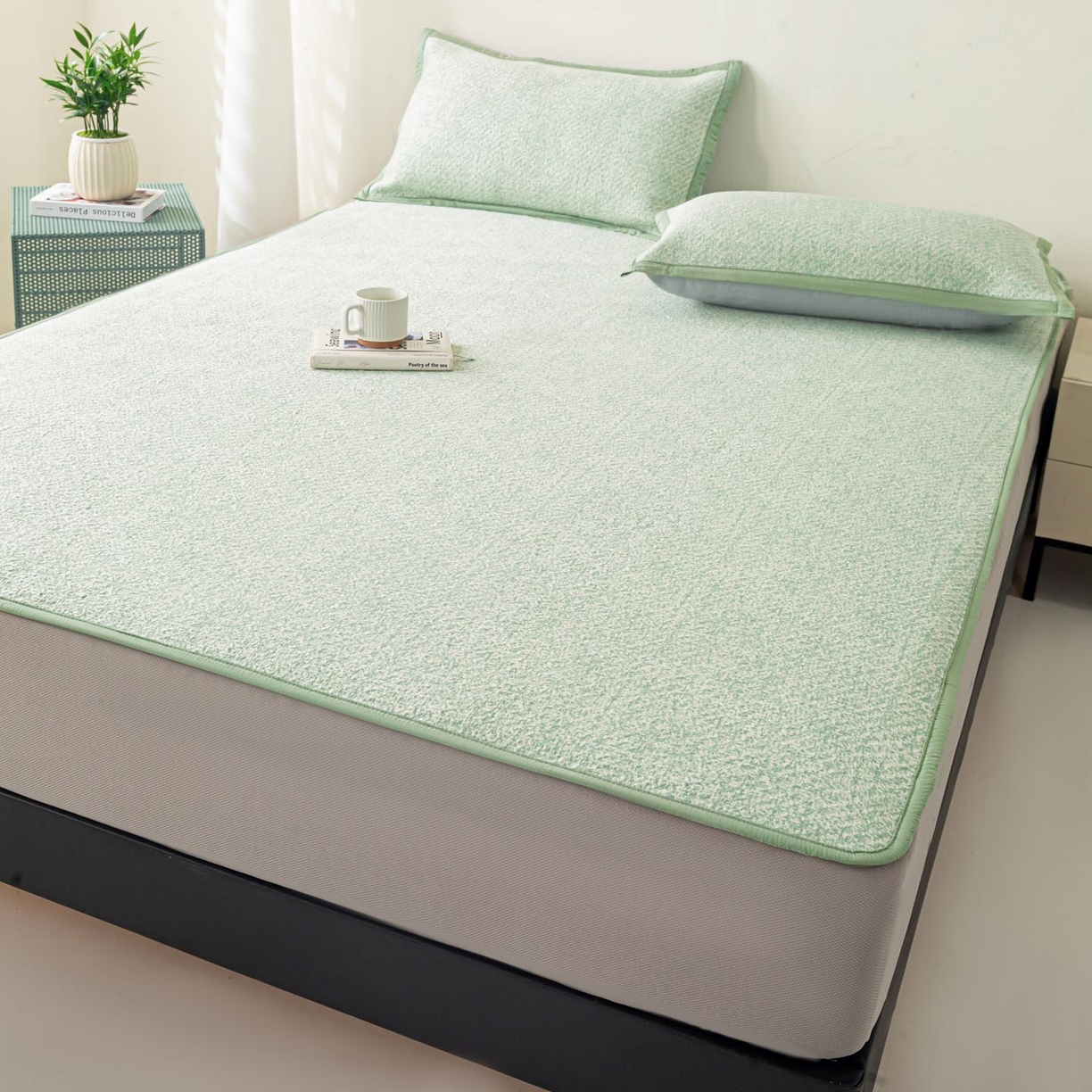 91家纺网 家纺一手货源 找家纺 帅露家纺 2026新款A类PE高分子双泡软凉席席子 床笠款双泡雪花-绿