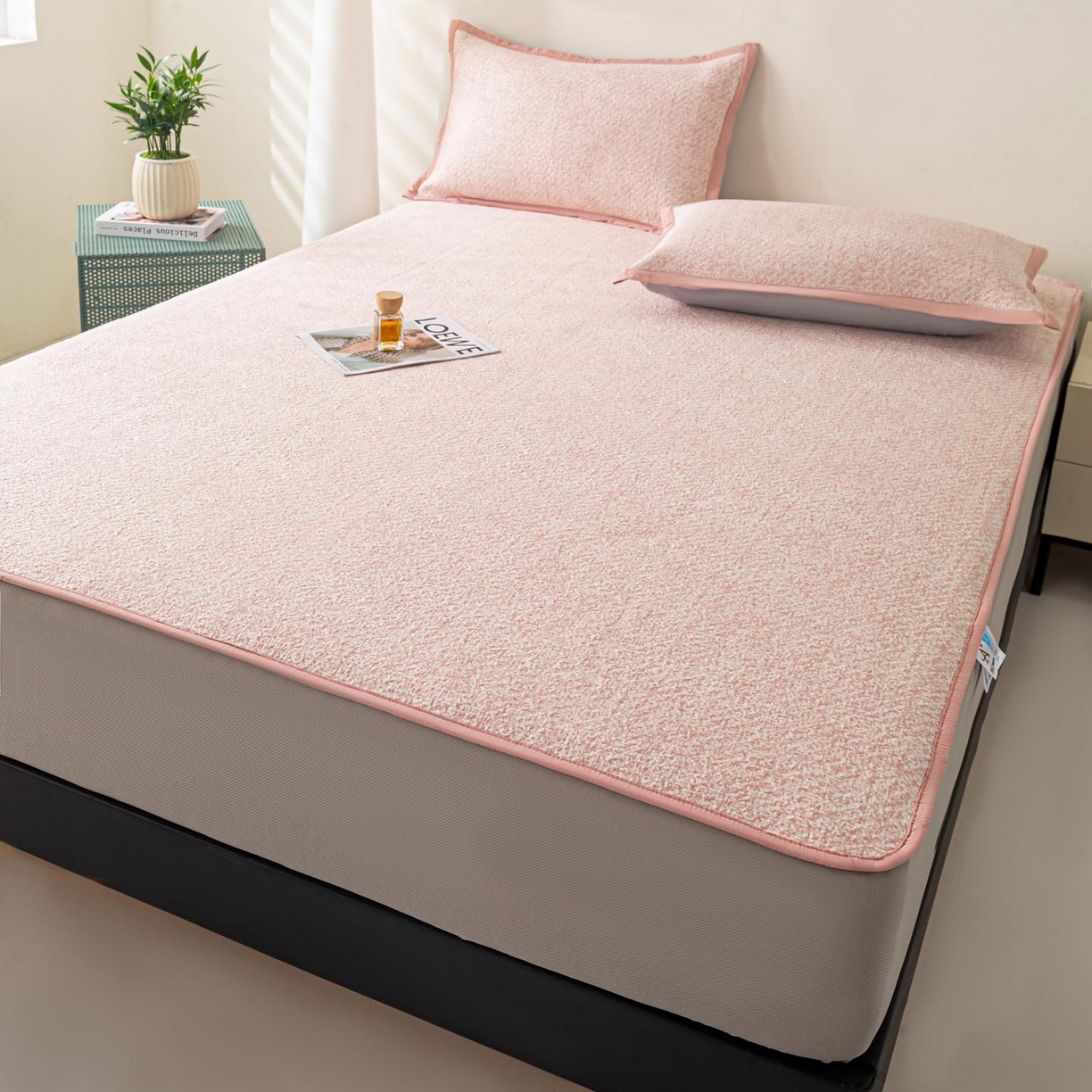 91家纺网 家纺一手货源 找家纺 帅露家纺 2026新款A类PE高分子双泡软凉席席子 床笠款双泡雪花-粉