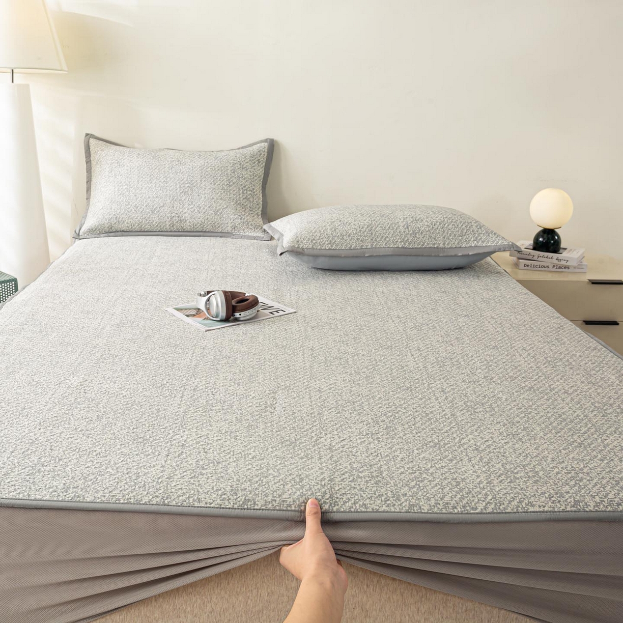 91家纺网 家纺一手货源 找家纺 帅露家纺 2026新款A类PE高分子双泡软凉席席子 床笠款双泡雪花-灰