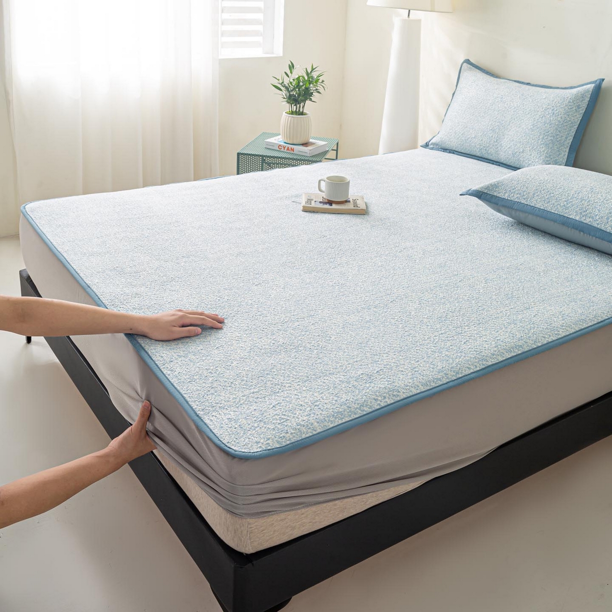 91家纺网 家纺一手货源 找家纺 帅露家纺 2026新款A类PE高分子双泡软凉席席子 床笠款双泡雪花-蓝