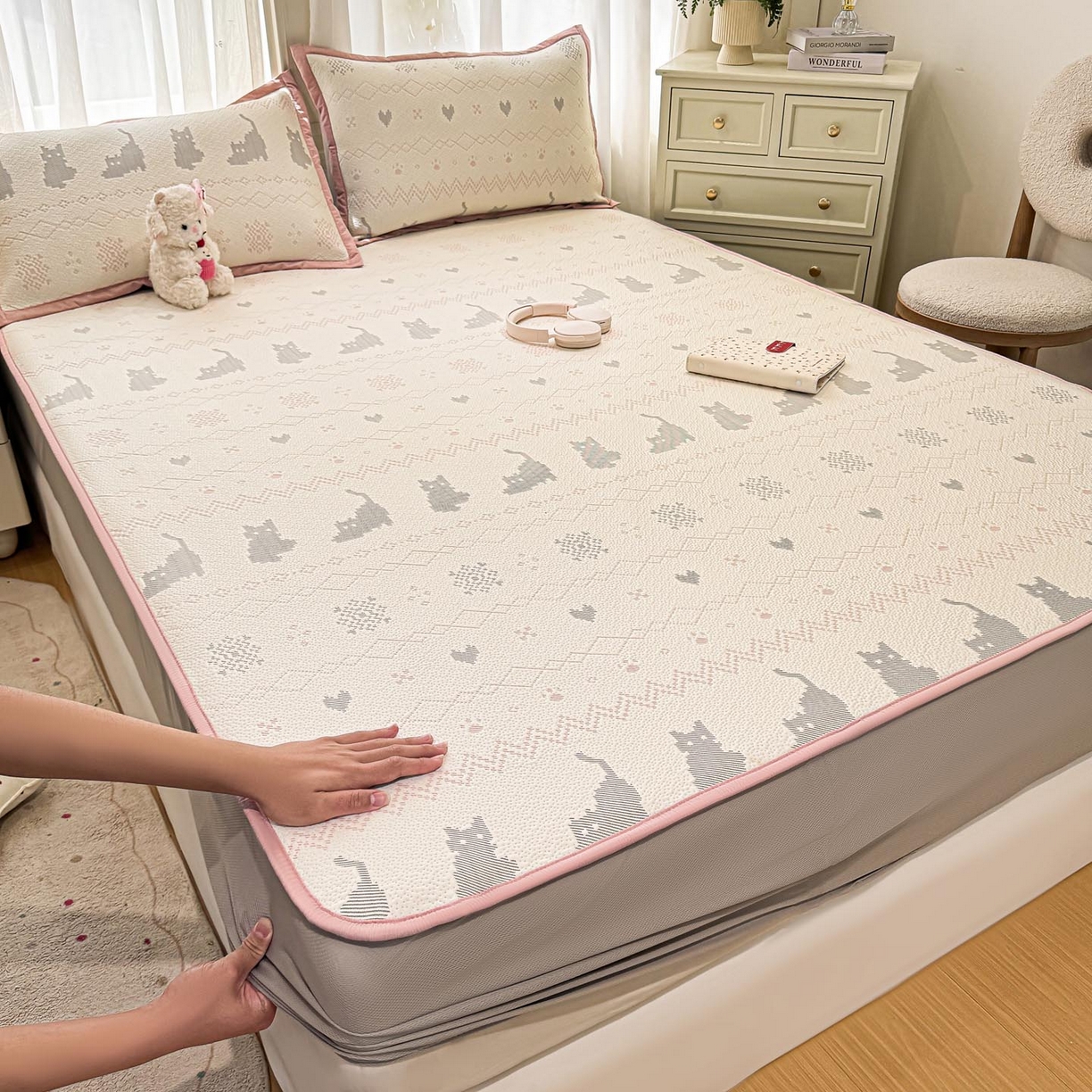 帅露家纺 2026新款A类PE中分子提花软凉席席子 床笠款-猫咪派对粉