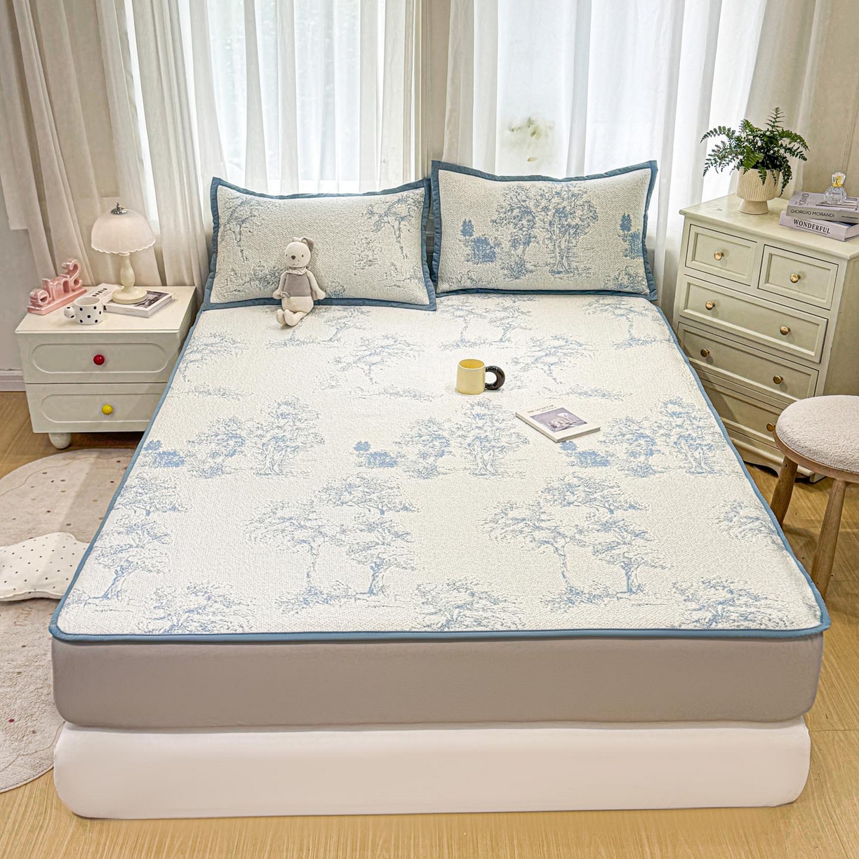 91家纺网 家纺一手货源 找家纺 帅露家纺 2026新款A类PE中分子提花软凉席席子 床笠款-迷雾森林