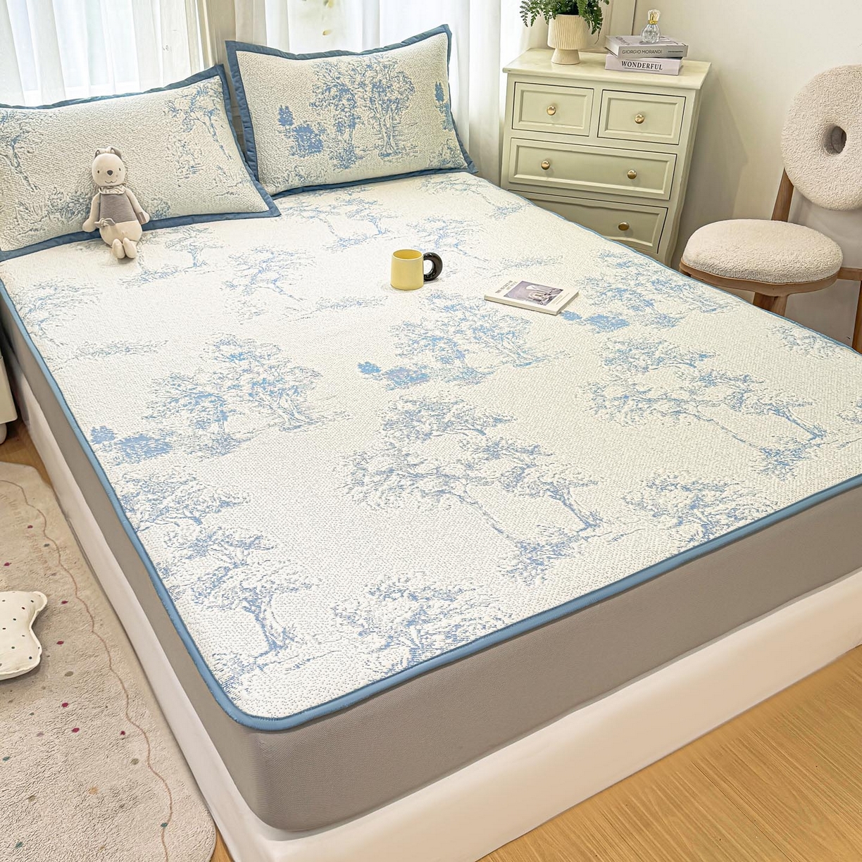 91家纺网 家纺一手货源 找家纺 帅露家纺 2026新款A类PE中分子提花软凉席席子 床笠款-迷雾森林