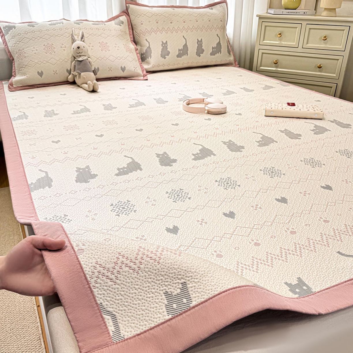 帅露家纺 2026新款A类PE中分子提花软凉席席子 平铺款-猫咪派对粉