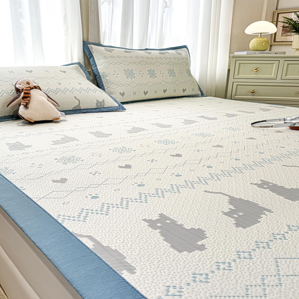 91家纺网 家纺一手货源 找家纺 帅露家纺 2026新款A类PE中分子提花软凉席席子 平铺款-猫咪派对蓝