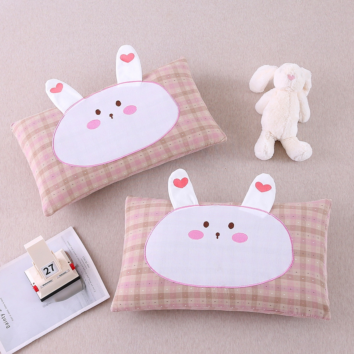 珍贝家纺 2026新款全棉大脸兔枕套枕头枕芯枕套+枕芯儿童枕学生枕 大脸兔-粉灰格