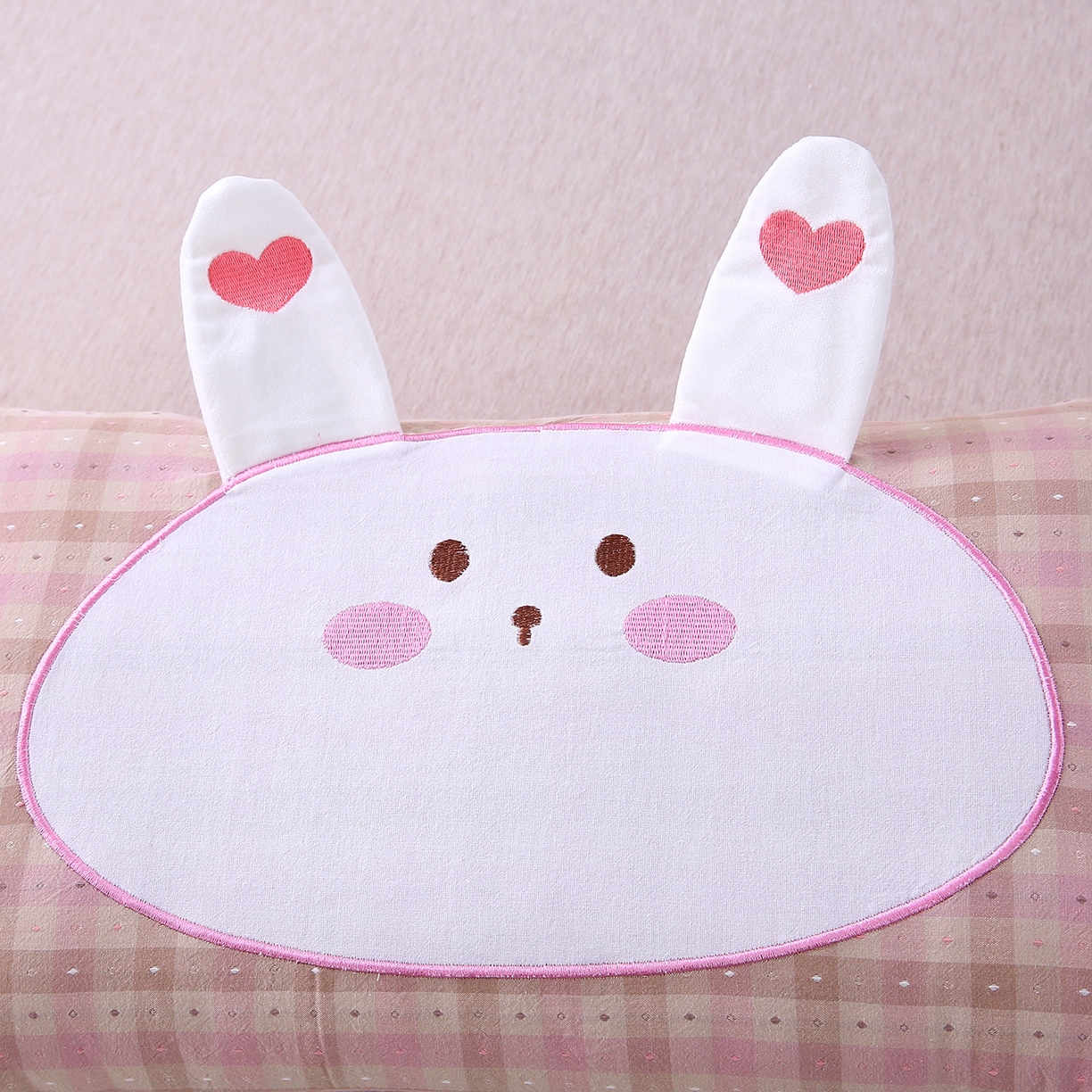 91家纺网 家纺一手货源 找家纺 珍贝家纺 2026新款全棉大脸兔枕套枕头枕芯枕套+枕芯儿童枕学生枕 大脸兔-粉灰格