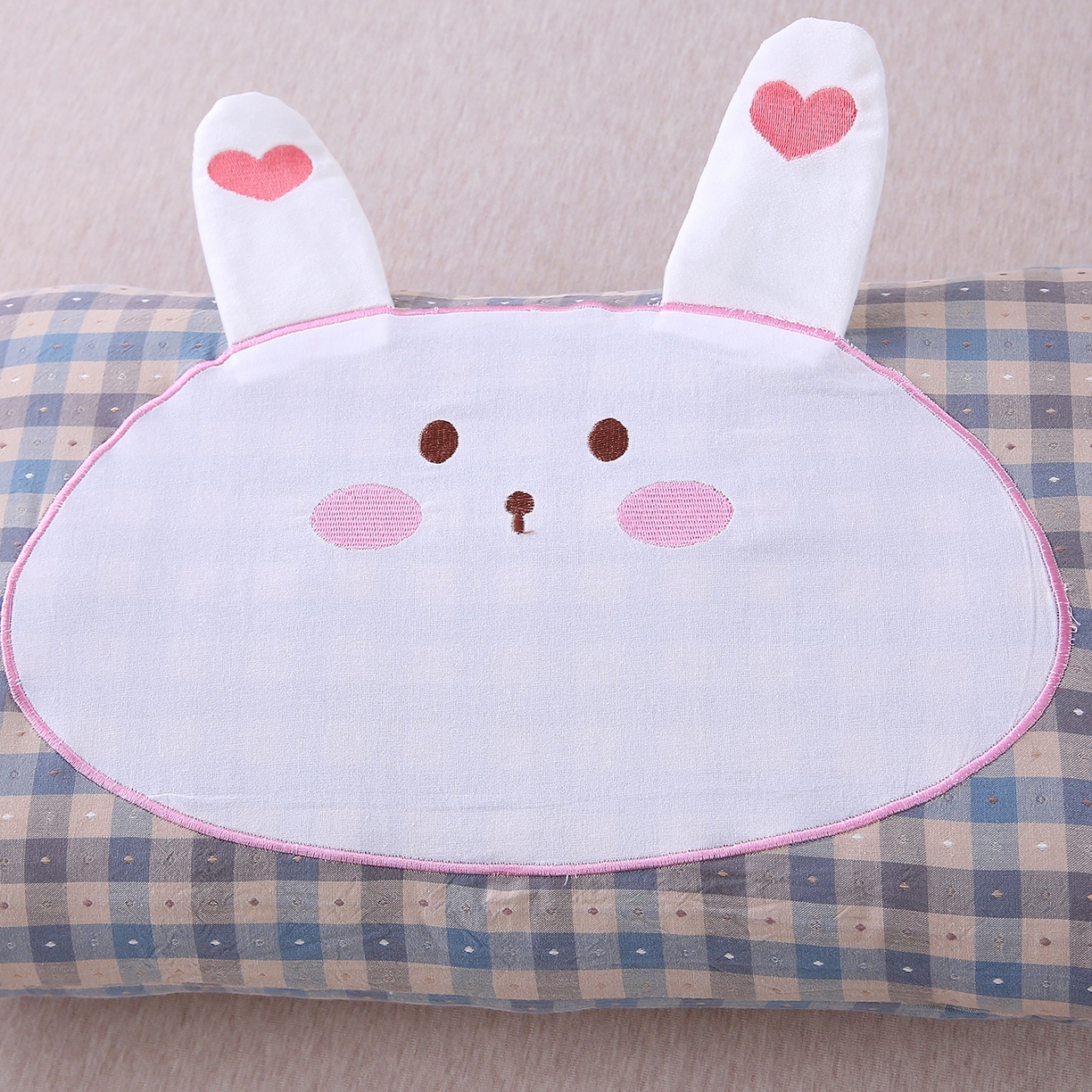 91家纺网 家纺一手货源 找家纺 珍贝家纺 2026新款全棉大脸兔枕套枕头枕芯枕套+枕芯儿童枕学生枕 大脸兔-蓝灰格