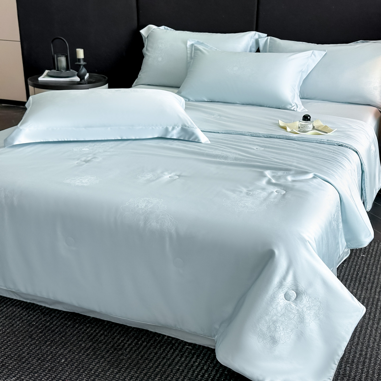 新方向 2026年提花A类20%蚕丝天丝棉夏被四件套 花影-微光蓝