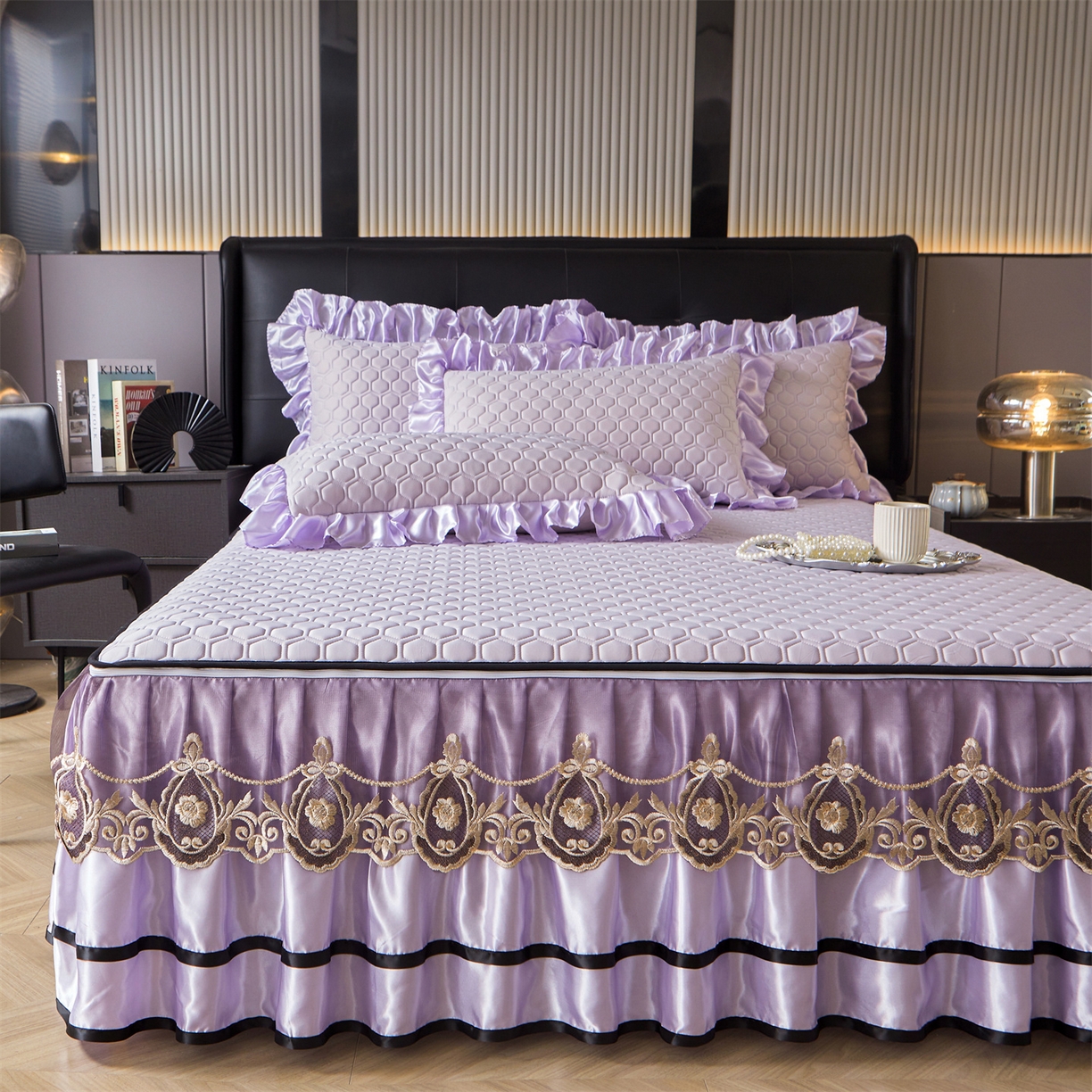 91家纺网 家纺一手货源 找家纺 好儿喜家纺 2026新款夏季夏被四件套乳胶床裙款-雅颂系列 雅颂-浅紫