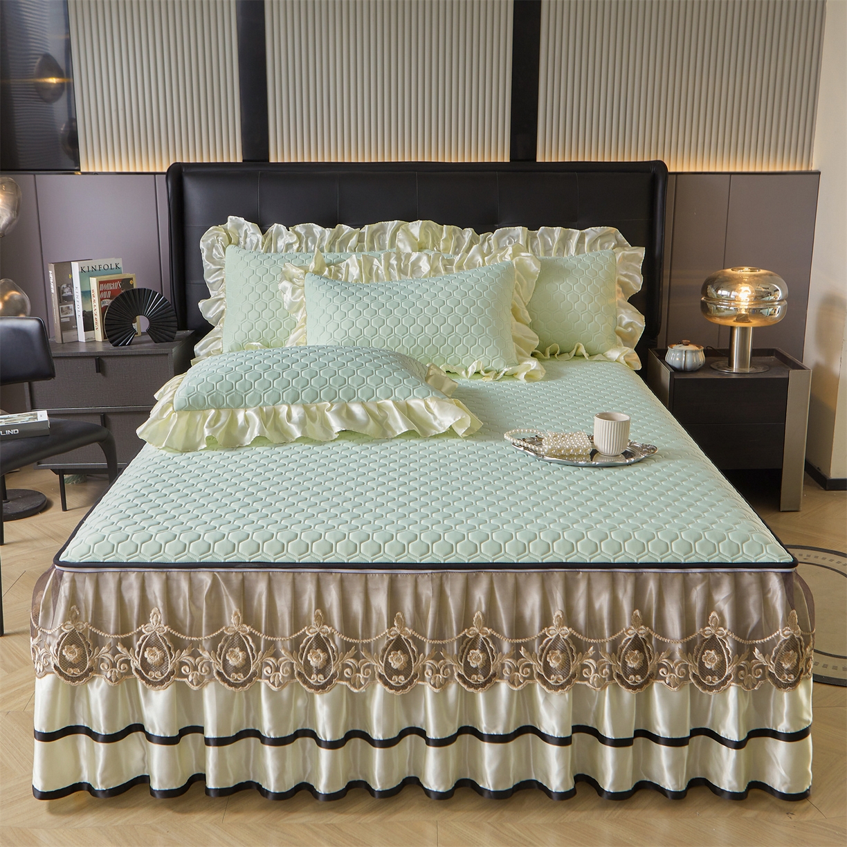 91家纺网 家纺一手货源 找家纺 好儿喜家纺 2026新款夏季夏被四件套乳胶床裙款-雅颂系列 雅颂-果绿