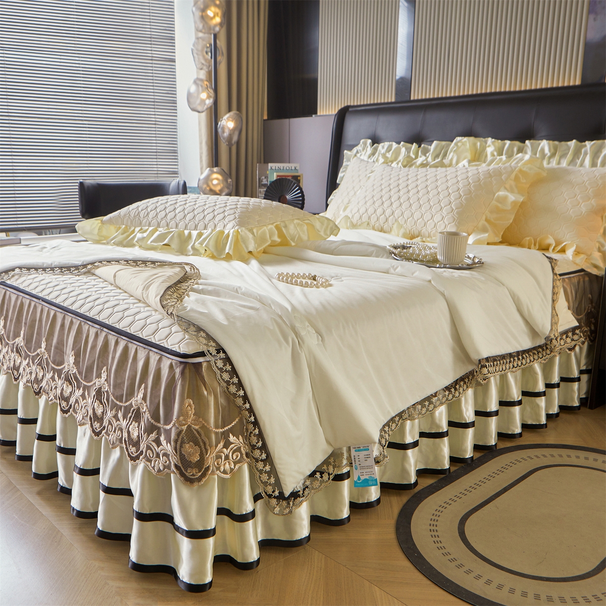 91家纺网 家纺一手货源 找家纺 好儿喜家纺 2026新款夏季夏被四件套乳胶床裙款-雅颂系列 雅颂-奶白