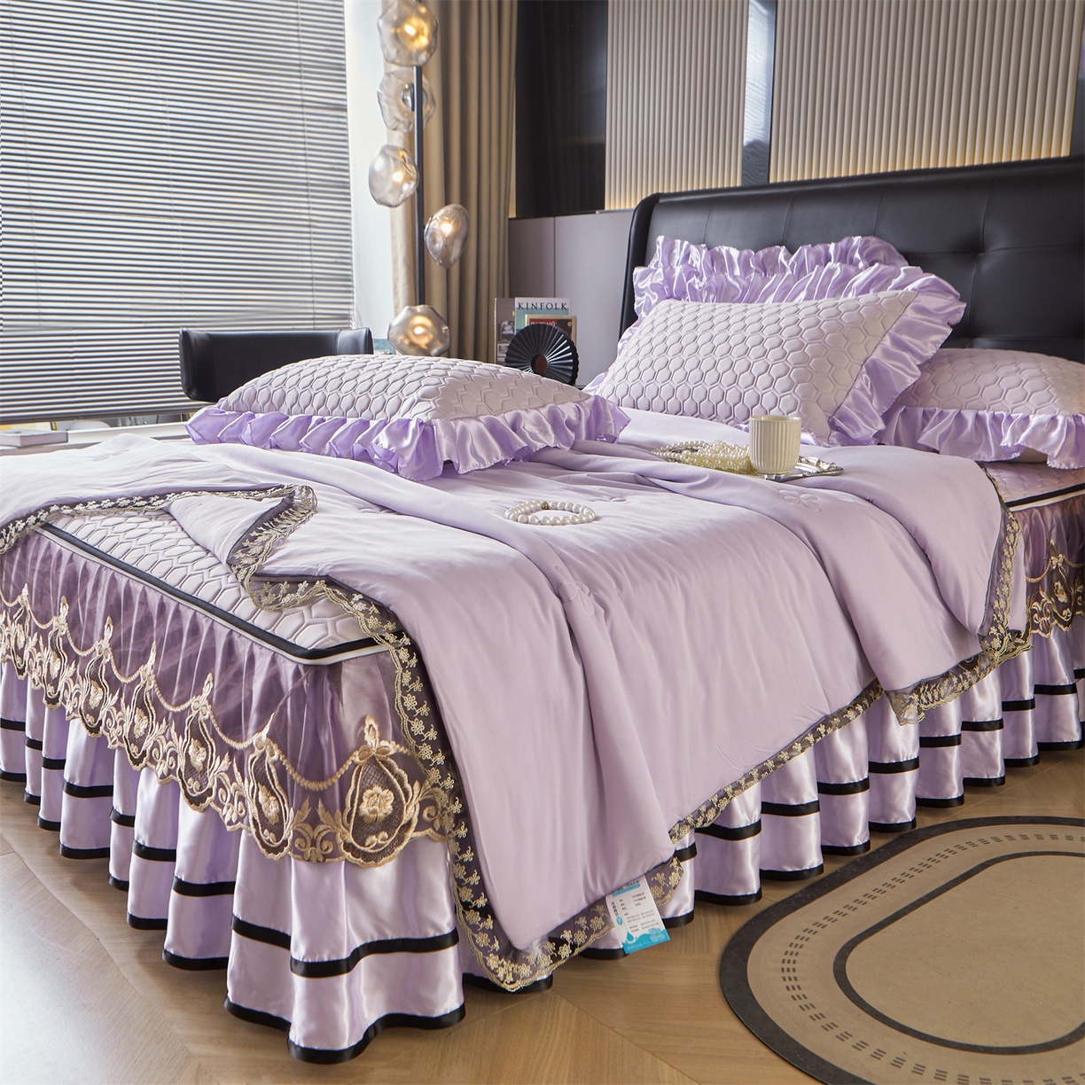 91家纺网 家纺一手货源 找家纺 好儿喜家纺 2026新款夏季夏被四件套乳胶床裙款-雅颂系列 雅颂-浅紫