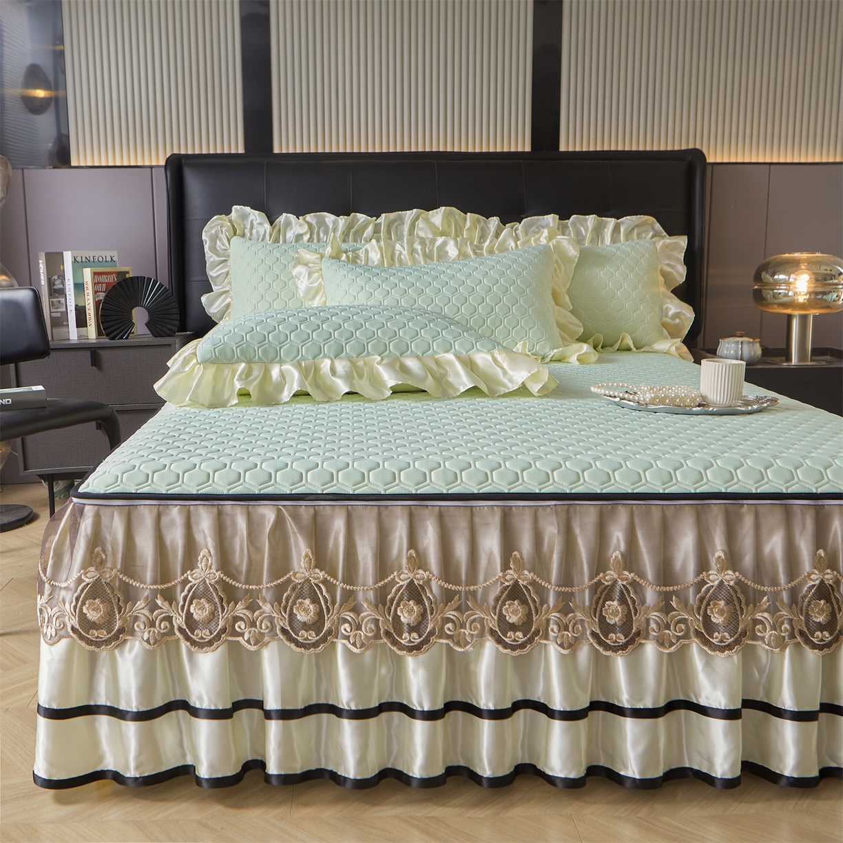 91家纺网 家纺一手货源 找家纺 好儿喜家纺 2026新款夏季夏被四件套乳胶床裙款-雅颂系列 雅颂-果绿