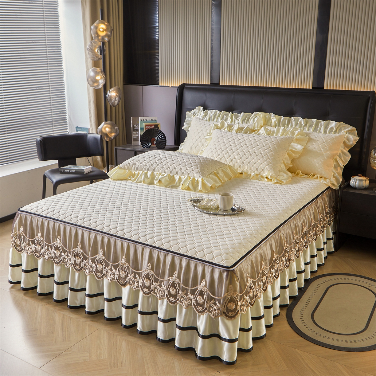 91家纺网 家纺一手货源 找家纺 好儿喜家纺 2026新款夏季夏被四件套乳胶床裙款-雅颂系列 雅颂-奶白