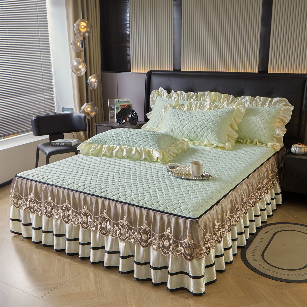 91家纺网 家纺一手货源 找家纺 好儿喜家纺 2026新款夏季夏被四件套乳胶床裙款-雅颂系列 雅颂-果绿