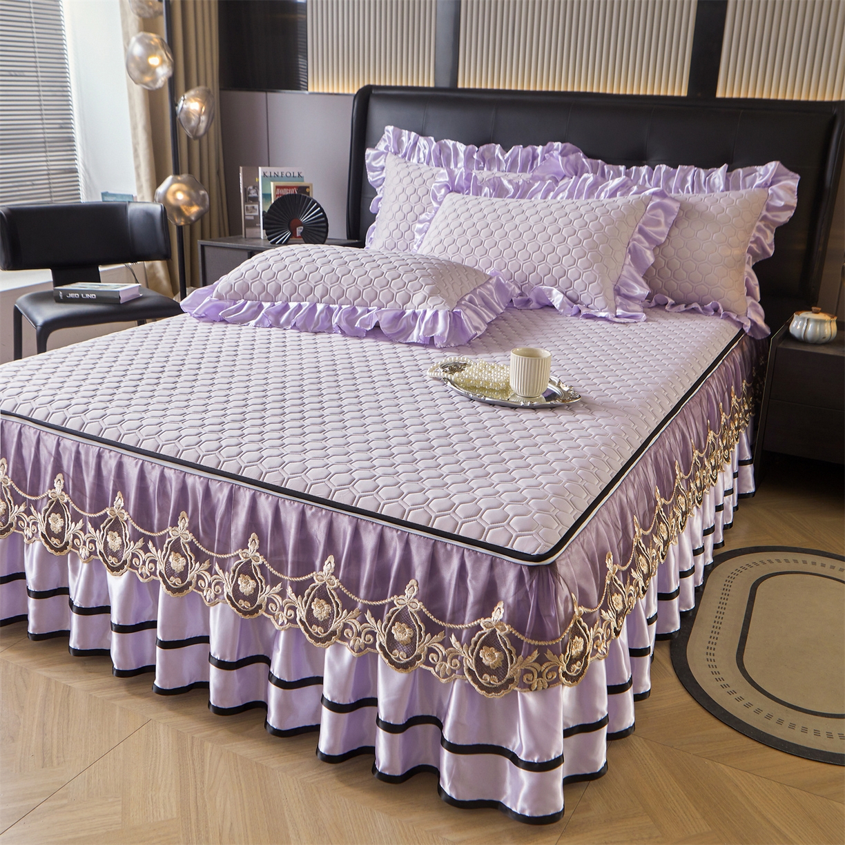 91家纺网 家纺一手货源 找家纺 好儿喜家纺 2026新款夏季夏被四件套乳胶床裙款-雅颂系列 雅颂-浅紫