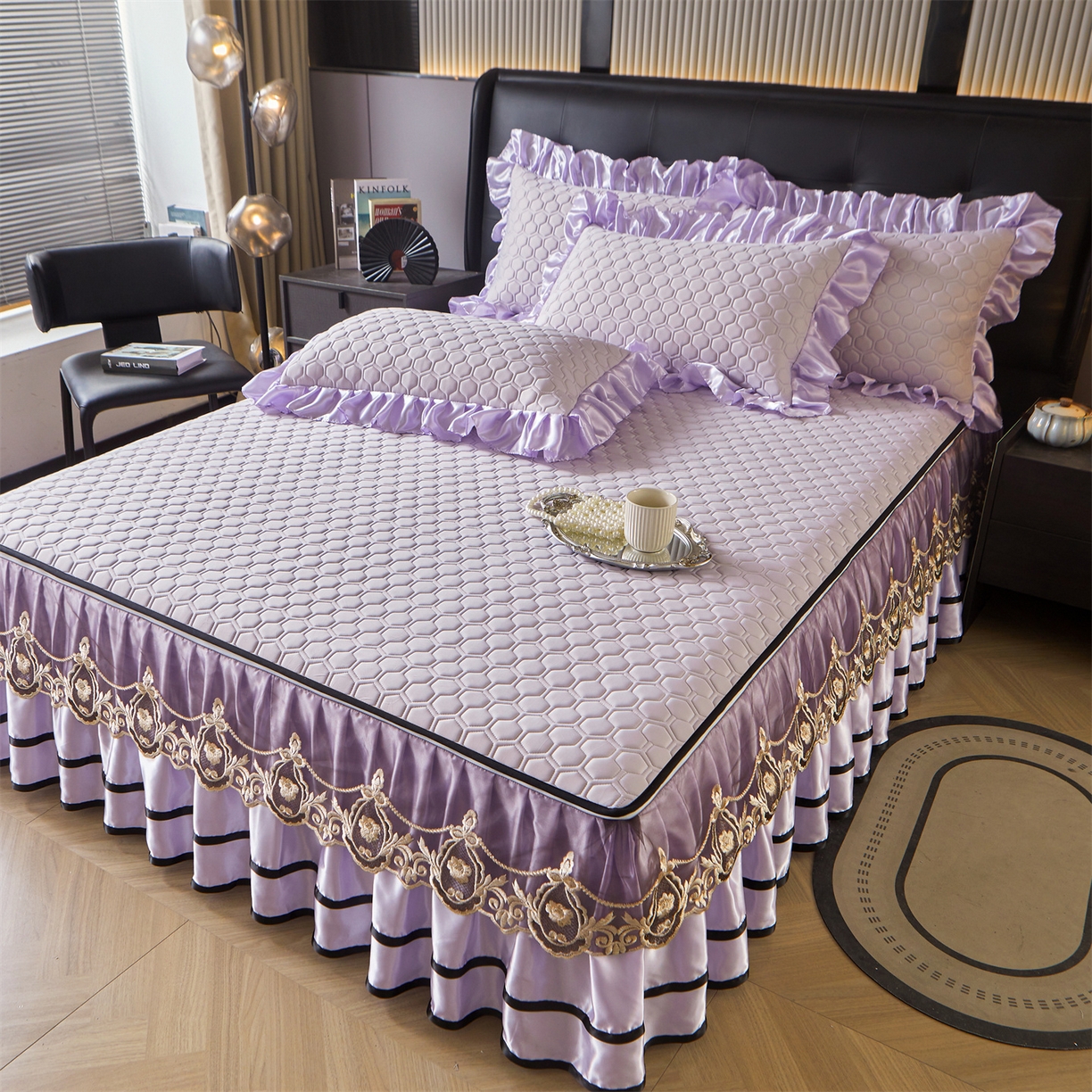 91家纺网 家纺一手货源 找家纺 好儿喜家纺 2026新款夏季夏被四件套乳胶床裙款-雅颂系列 雅颂-浅紫