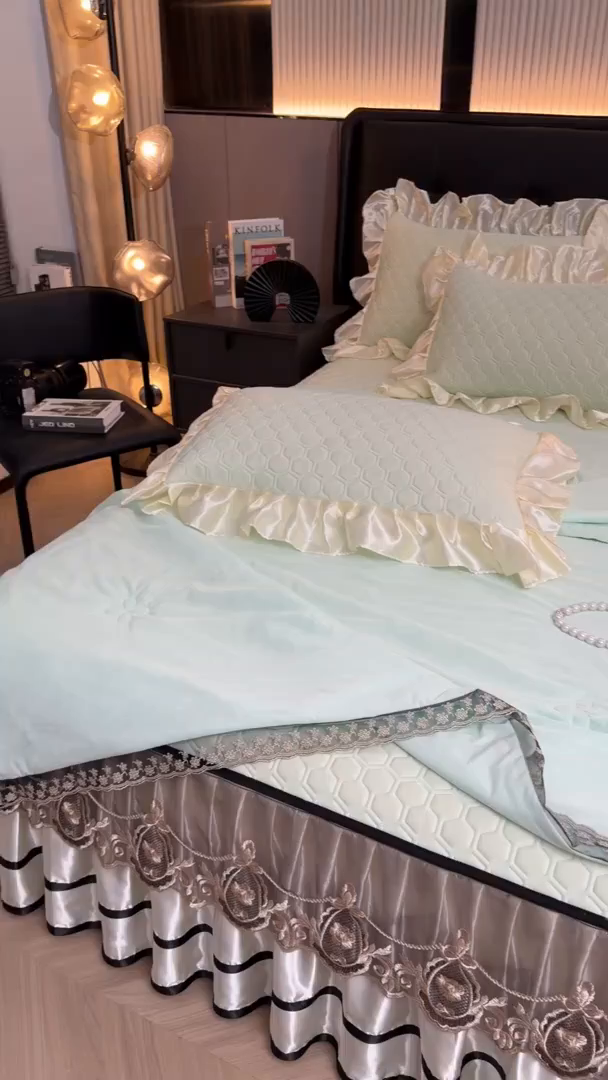 91家纺网 家纺一手货源 找家纺 好儿喜家纺 2026新款夏季夏被四件套乳胶床裙款-雅颂系列 雅颂-果绿