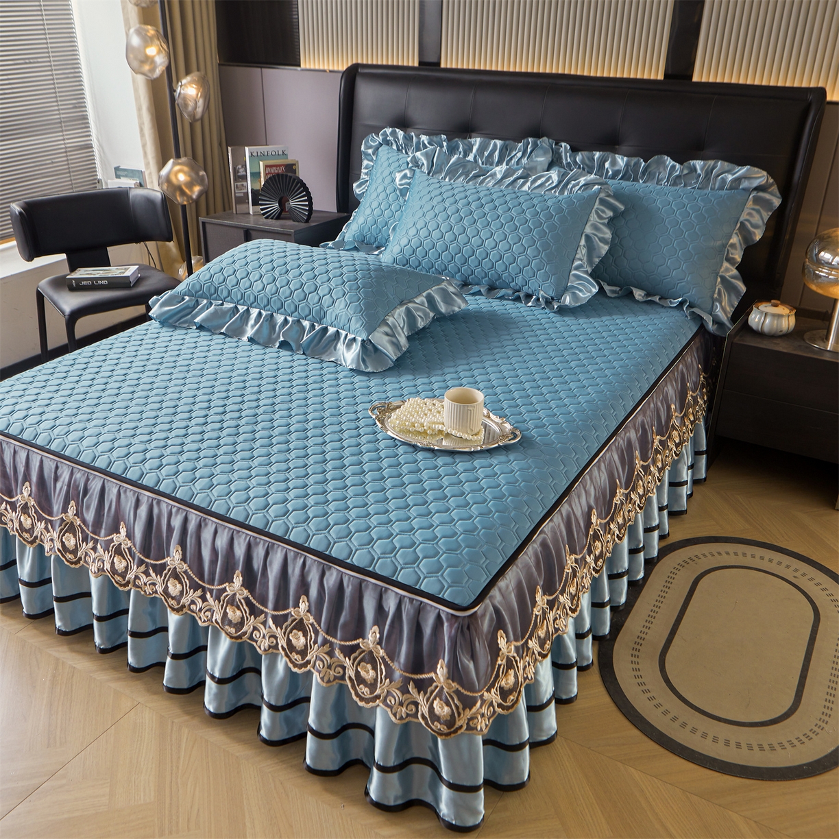 91家纺网 家纺一手货源 找家纺 （总）好儿喜家纺 2026新款夏季高端乳胶凉席三件套可脱卸花边凉席-雅颂系列