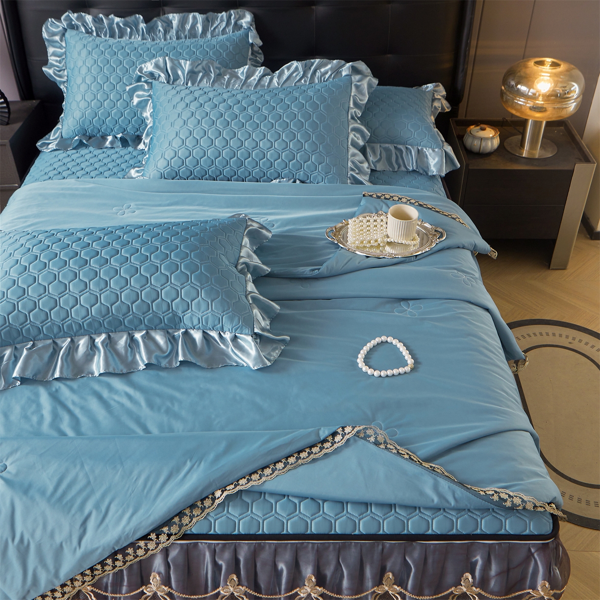 91家纺网 家纺一手货源 找家纺 （总）好儿喜家纺 2026新款夏季高端乳胶凉席三件套可脱卸花边凉席-雅颂系列