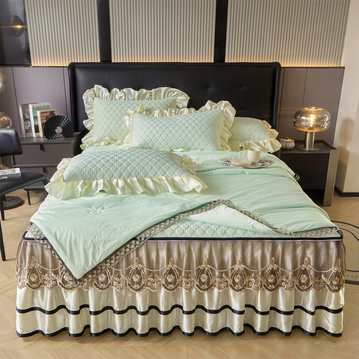 91家纺网 家纺一手货源 找家纺 好儿喜家纺 2026新款夏季高端乳胶凉席三件套可脱卸花边凉席-雅颂系列 雅颂-果绿