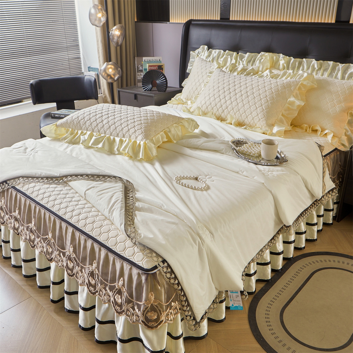 91家纺网 家纺一手货源 找家纺 好儿喜家纺 2026新款夏季高端乳胶凉席三件套可脱卸花边凉席-雅颂系列 雅颂-奶白