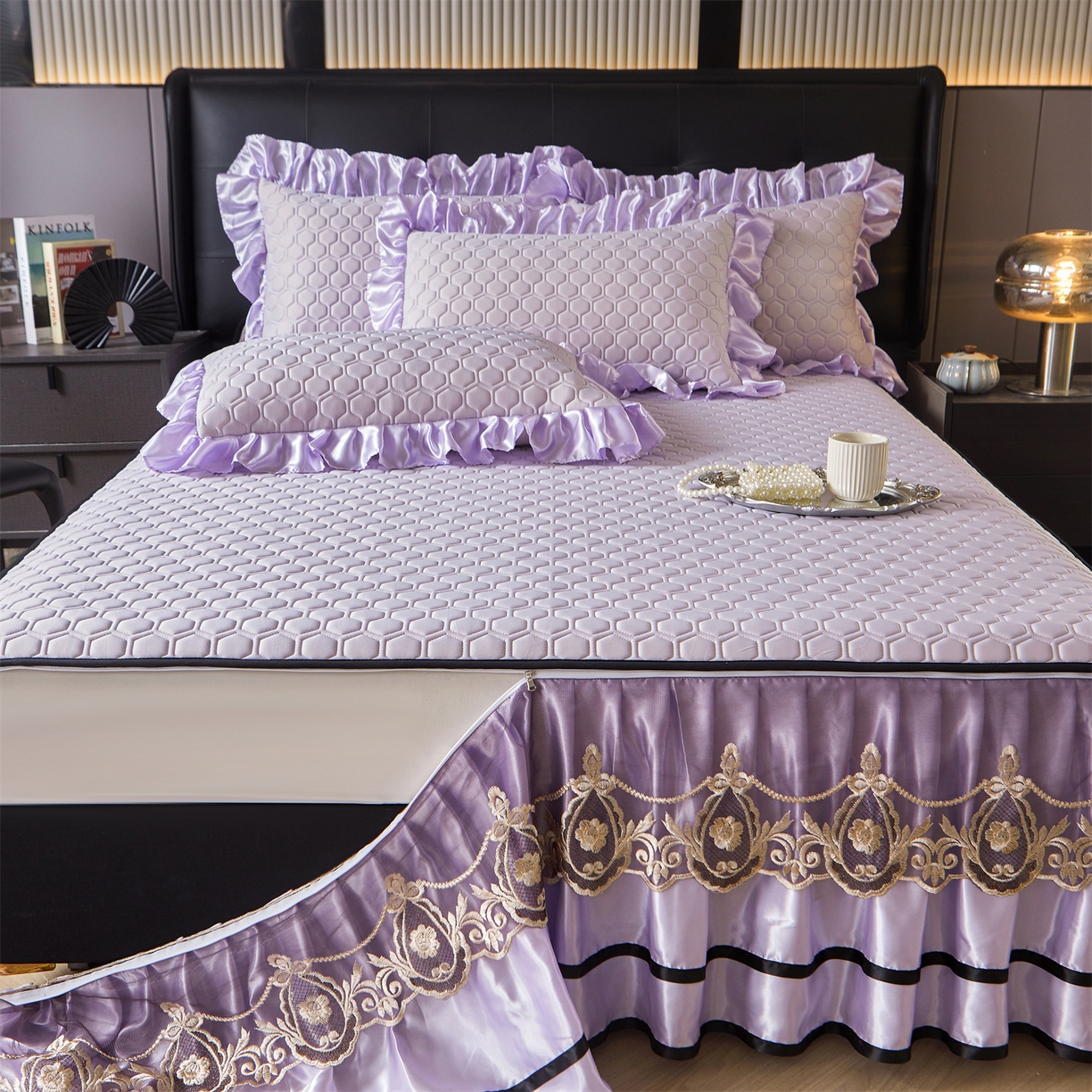 91家纺网 家纺一手货源 找家纺 好儿喜家纺 2026新款夏季高端乳胶凉席三件套可脱卸花边凉席-雅颂系列 雅颂-浅紫