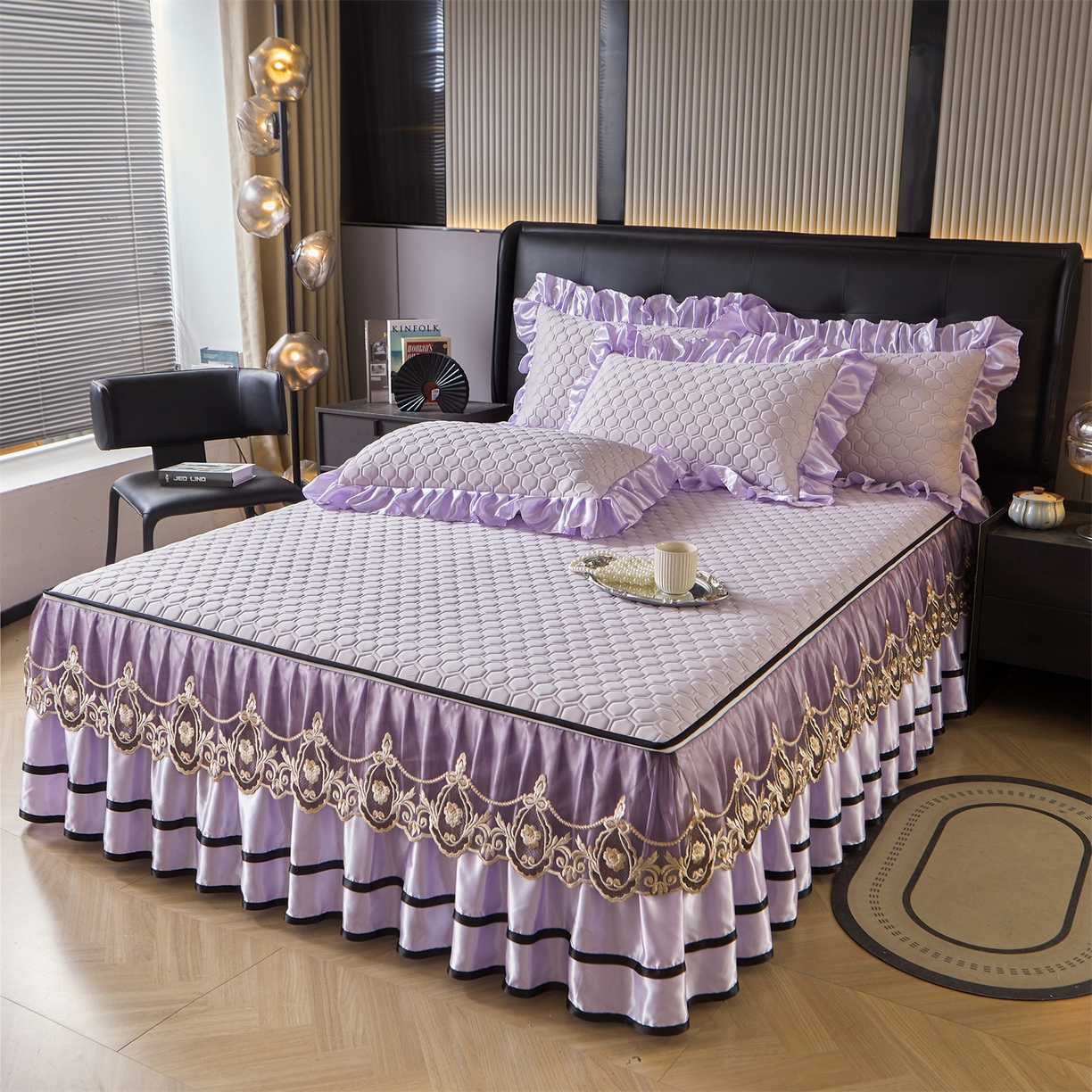 91家纺网 家纺一手货源 找家纺 好儿喜家纺 2026新款夏季高端乳胶凉席三件套可脱卸花边凉席-雅颂系列 雅颂-浅紫