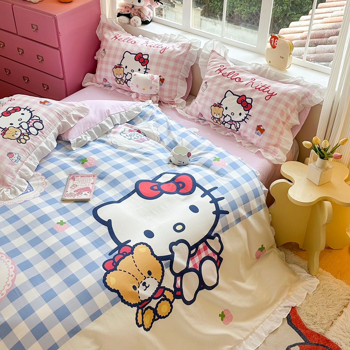 91家纺网 家纺一手货源 找家纺 （总）玉元坊 2026新款三丽鸥正版授权凯蒂猫床单床笠床裙全棉纯棉三四件套