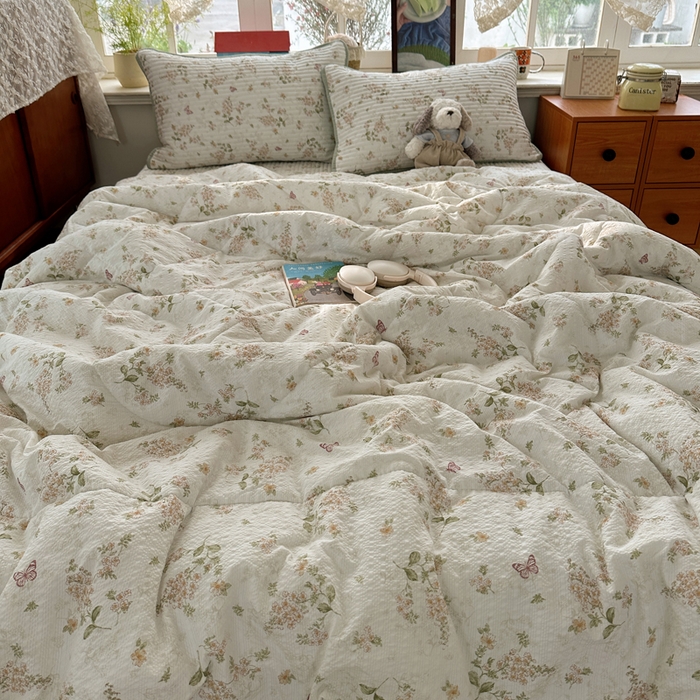 91家纺网 家纺一手货源 找家纺 贝扬思家纺 2026春夏新款高品质A类泡芙纱床盖夏被夏凉被空调被四件套-青提系列 青提-蝶栖黄花