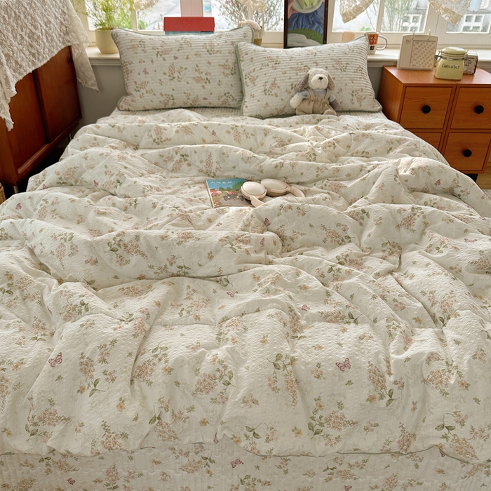 91家纺网 家纺一手货源 找家纺 贝扬思家纺 2026春夏新款高品质A类泡芙纱床盖夏被夏凉被空调被四件套-青提系列 青提-蝶栖黄花