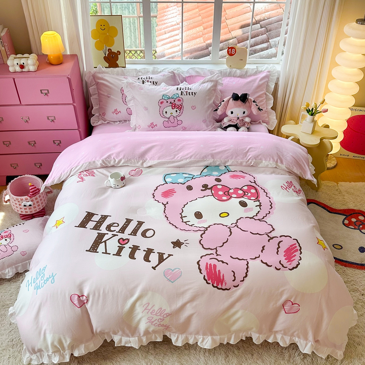 91家纺网 家纺一手货源 找家纺 （总）玉元坊 2026新款三丽鸥正版授权凯蒂猫床单床笠床裙全棉纯棉三四件套