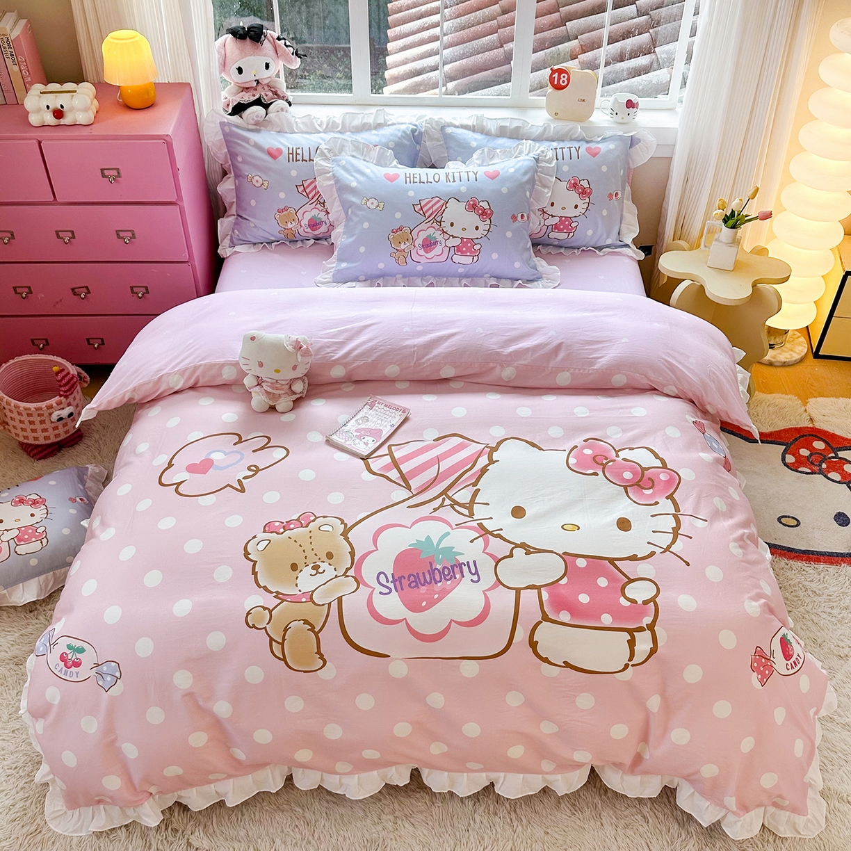 91家纺网 家纺一手货源 找家纺 （总）玉元坊 2026新款三丽鸥正版授权凯蒂猫床单床笠床裙全棉纯棉三四件套