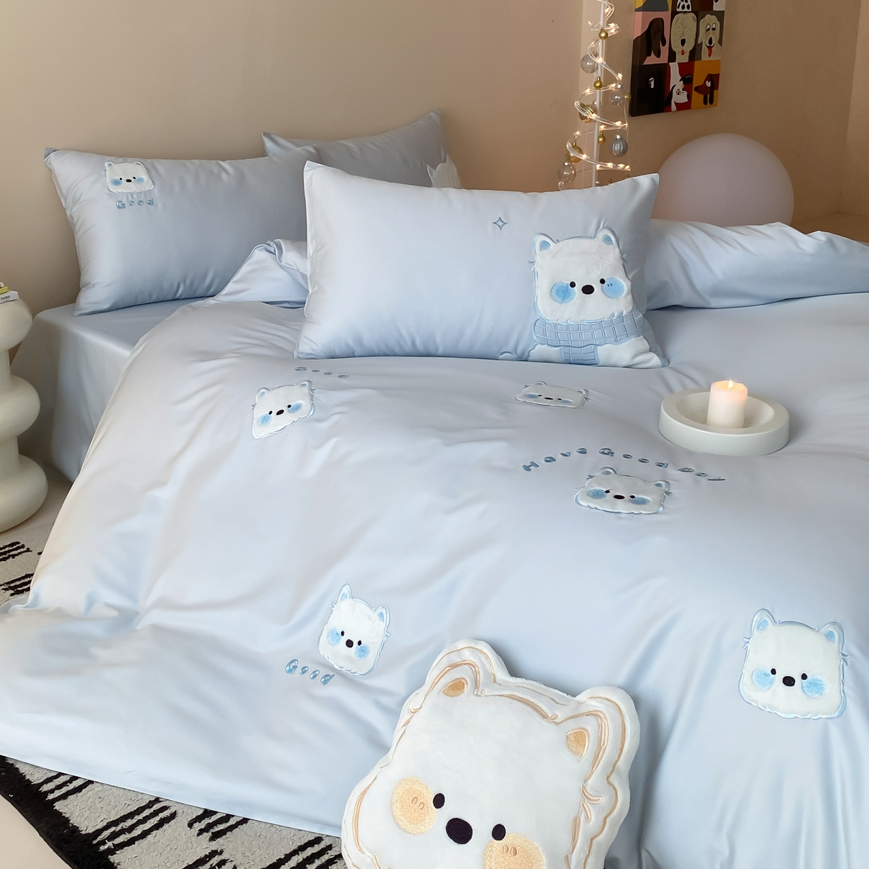 91家纺网 家纺一手货源 找家纺 云栖家居 2026新款50支长绒棉纯棉100S卡通刺绣四件套-西高地 西高地-蓝