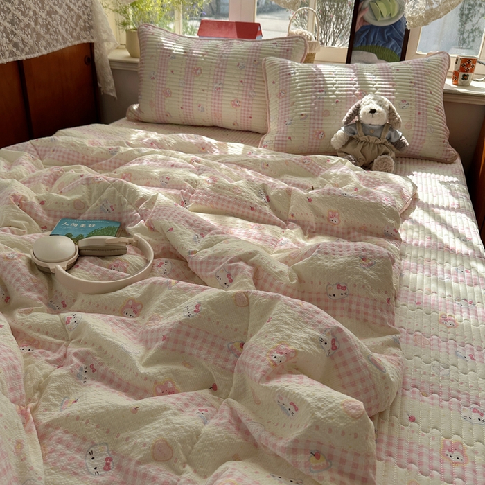 91家纺网 家纺一手货源 找家纺 贝扬思家纺 2026春夏新款高品质A类泡芙纱床盖夏被夏凉被空调被四件套-青提系列 青提-黄粉猫团