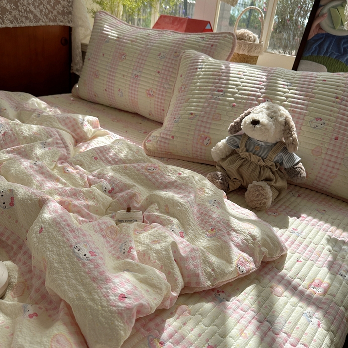 91家纺网 家纺一手货源 找家纺 贝扬思家纺 2026春夏新款高品质A类泡芙纱床盖夏被夏凉被空调被四件套-青提系列 青提-黄粉猫团