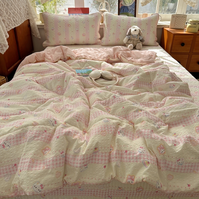 91家纺网 家纺一手货源 找家纺 贝扬思家纺 2026春夏新款高品质A类泡芙纱床盖夏被夏凉被空调被四件套-青提系列 青提-黄粉猫团