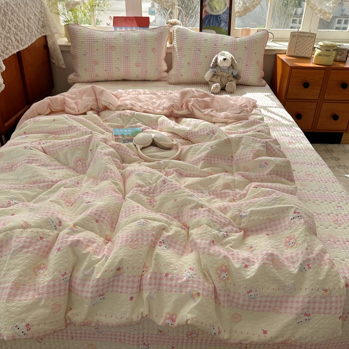 91家纺网 家纺一手货源 找家纺 贝扬思家纺 2026春夏新款高品质A类泡芙纱床盖夏被夏凉被空调被四件套-青提系列 青提-黄粉猫团