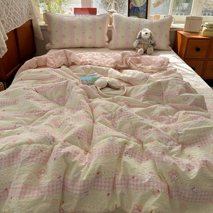 91家纺网 家纺一手货源 找家纺 贝扬思家纺 2026春夏新款高品质A类泡芙纱床盖夏被夏凉被空调被四件套-青提系列 青提-黄粉猫团