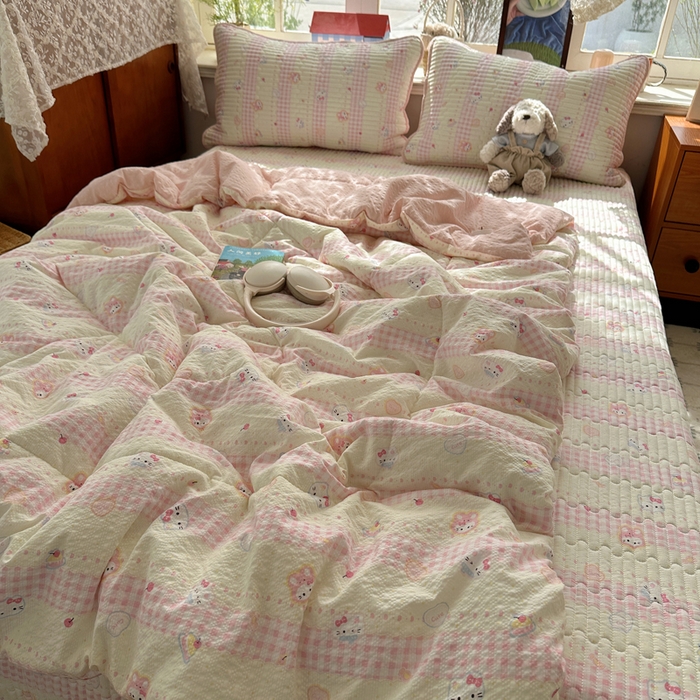 91家纺网 家纺一手货源 找家纺 贝扬思家纺 2026春夏新款高品质A类泡芙纱床盖夏被夏凉被空调被四件套-青提系列 青提-黄粉猫团