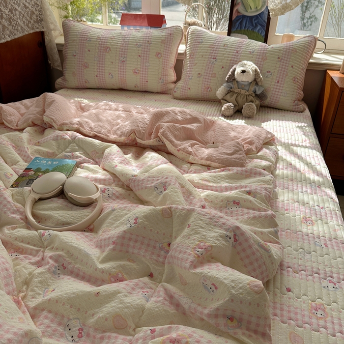 91家纺网 家纺一手货源 找家纺 贝扬思家纺 2026春夏新款高品质A类泡芙纱床盖夏被夏凉被空调被四件套-青提系列 青提-黄粉猫团