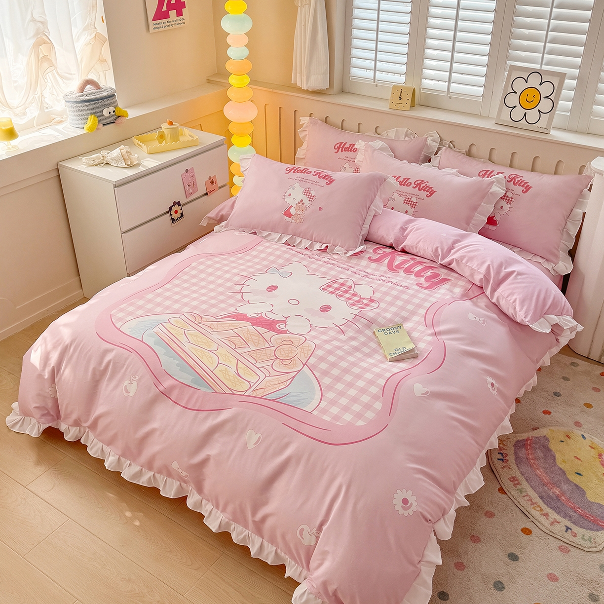 91家纺网 家纺一手货源 找家纺 玉元坊 2026新款三丽鸥正版授权凯蒂猫床单床笠床裙全棉纯棉三四件套 心动凯蒂-白花边