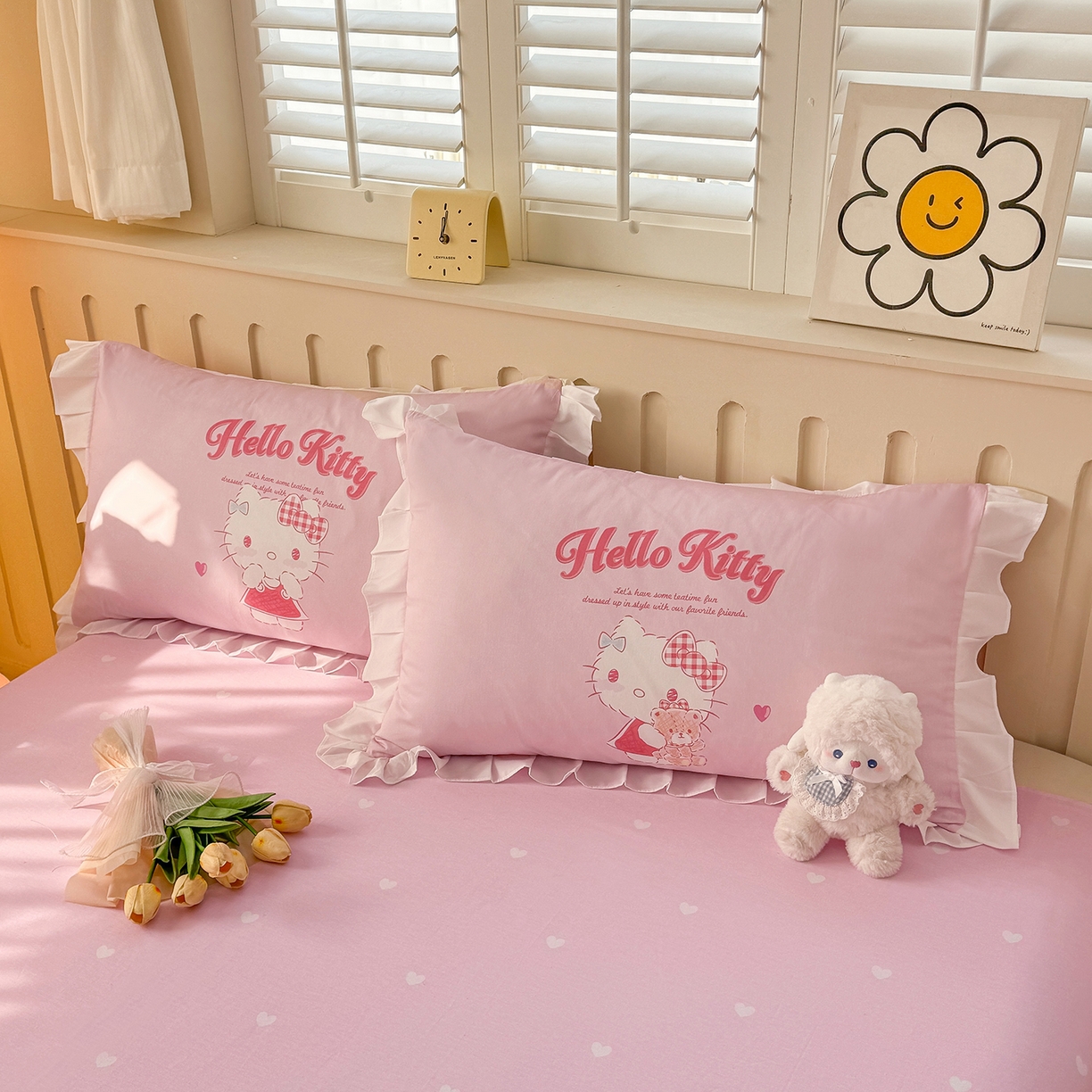 91家纺网 家纺一手货源 找家纺 玉元坊 2026新款三丽鸥正版授权凯蒂猫床单床笠床裙全棉纯棉三四件套 心动凯蒂-白花边